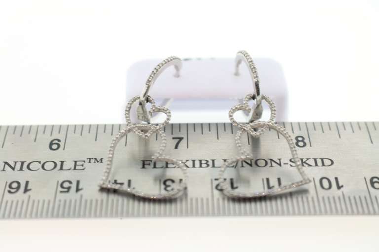 Hanging Twin Heart 14k White Gold Earrings with Studded Diamonds