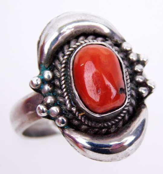 Vintage Sterling Red Coral Ring, Size 8