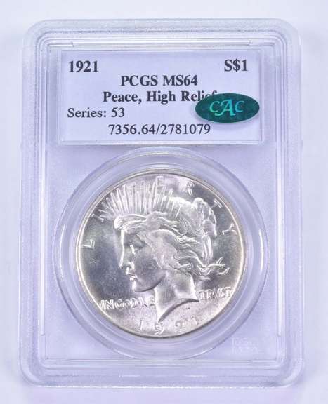 MS64 1921 Peace Silver Dollar - High Relief - CAC - Graded PCGS