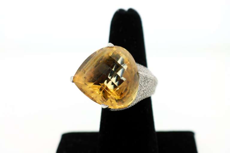 One of the Kind Special hand made Designed 18KT white gold Citrine and Diamond Ring