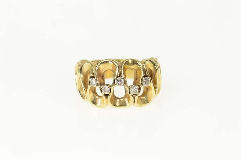 14K Yellow Gold 1960's Retro Wavy Loop Diamond Statement Ring