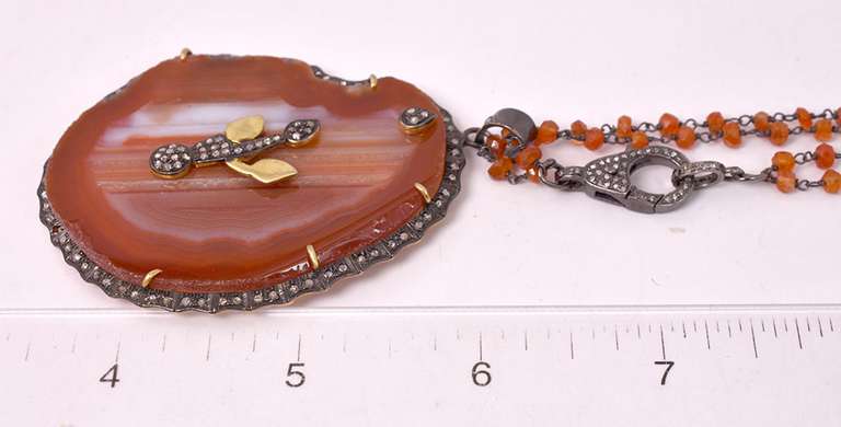 Beautiful Agate and Diamond Pendant with Carnelian Necklace in Rhodium & Gold Plated Sterling Silver