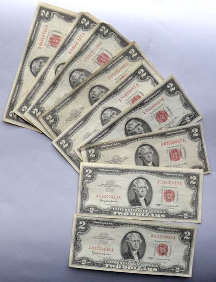 9 1953 1963 Red Seal $2 US Notes.