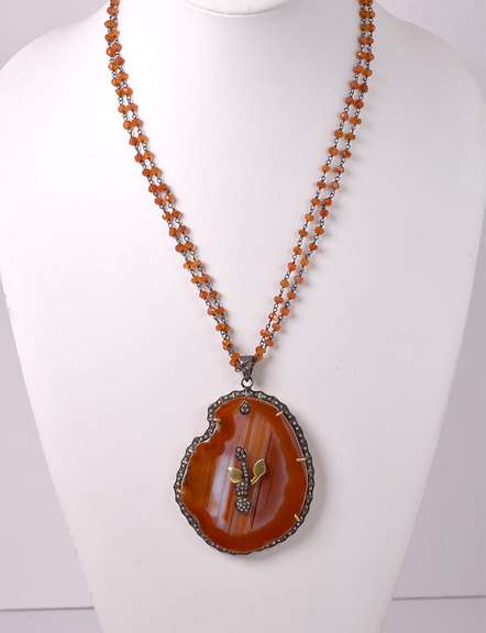 Beautiful Agate and Diamond Pendant with Carnelian Necklace in Rhodium & Gold Plated Sterling Silver
