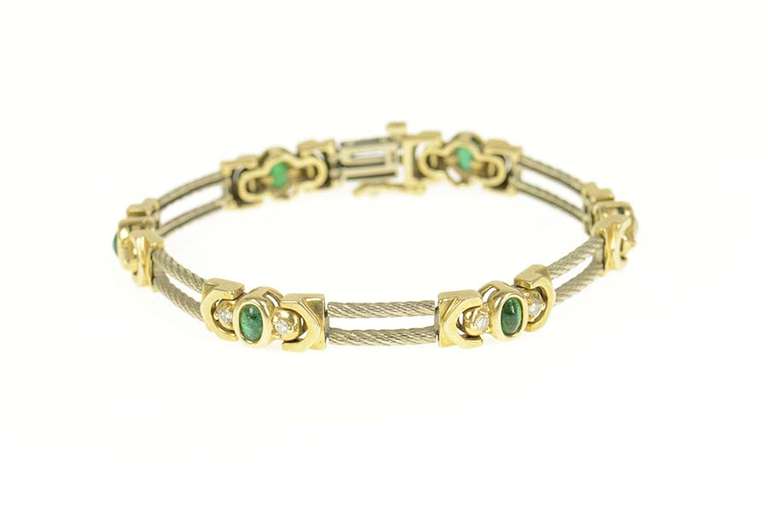 14K Yellow Gold Two Tone Emerald Diamond Twist Bar Link Bracelet