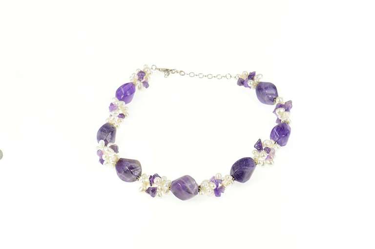 Sterling Silver Amethyst Pearl Beaded Chunky Statement Necklace