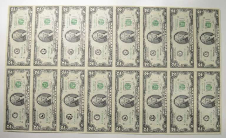 Sheet Of 16 1976 Dallas, Texas $2 Federal Reserve Notes - Uncut Sheet
