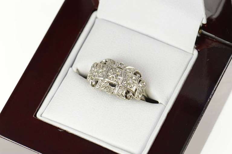 14K White Gold Art Deco Diamond Ornate Floral Statement Ring