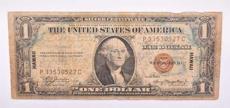 1935-A $1 Silver Cert. WWII Short Snorter Hawaii Overprint Brown Seal