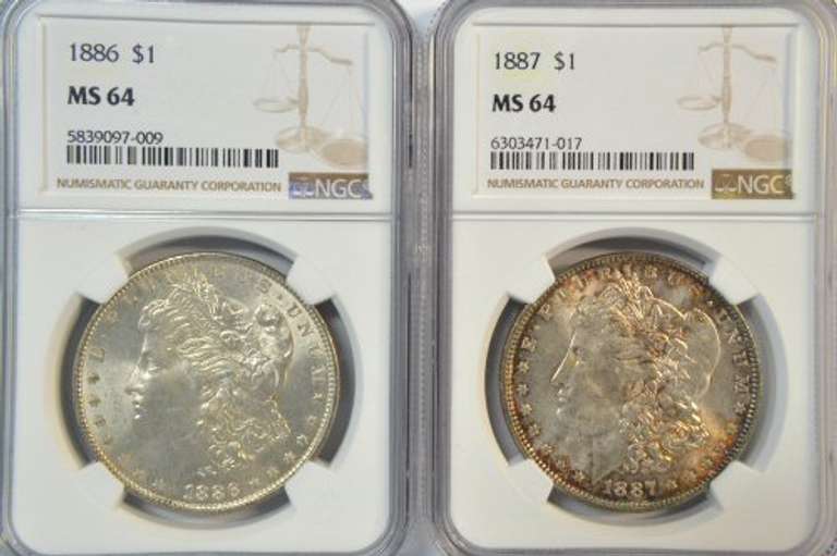 Nearly Gem BU 1886 & 1887 Morgan Silver Dollars. NGC MS64