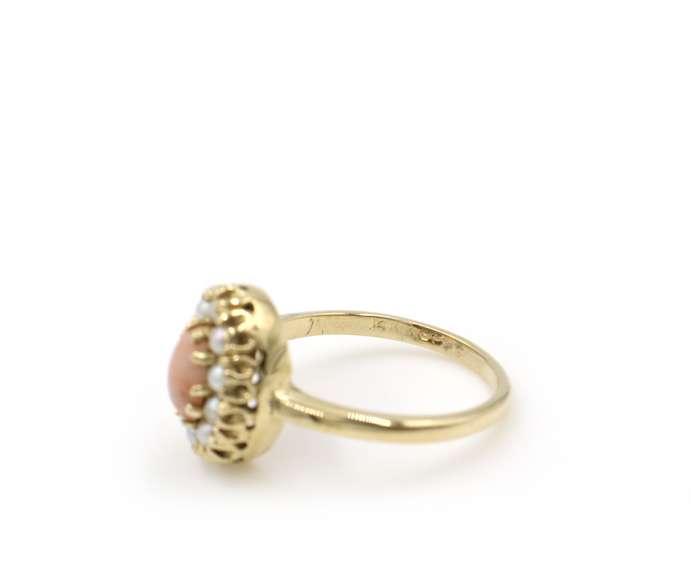 Stunning Oval Coral and Pearl Ring in 14K