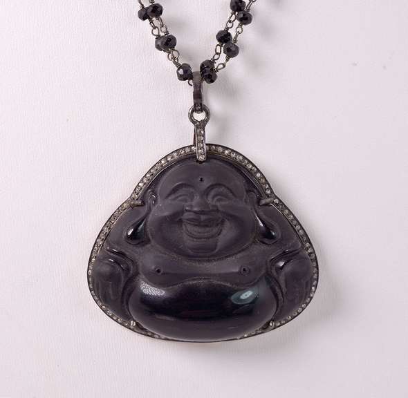 Fantastic Rare Jadeite Black Jade and Diamond Pendant with Beaded Black Spinel Necklace in Gold Plated Sterling Silver