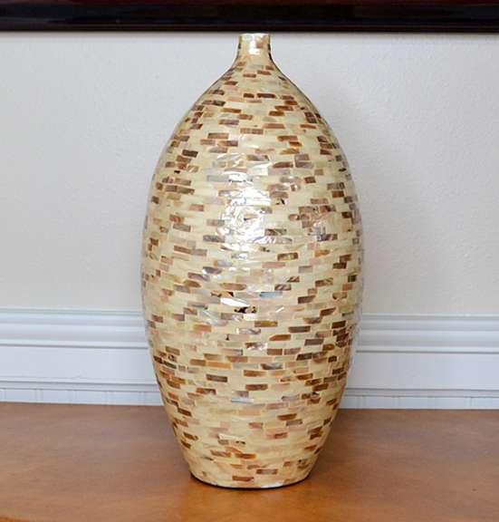 Vintage (1970's) 16.5 Inch Tall Mother of Pearl Inlay Mosaic Cambered Ceramic Bud Vase, Coastal Décor