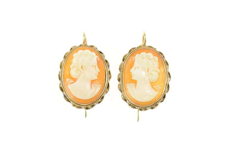 14K Yellow Gold Ornate Carved Shell Cameo Dangle Hook Earrings