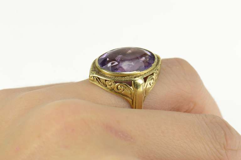 14K Yellow Gold Art Nouveau Amethyst Ornate Scroll Cocktail Ring