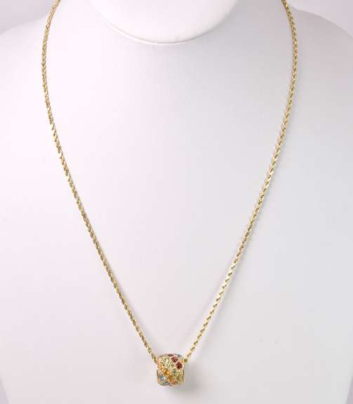 Marvelous Multi-Gemstone Barrel Pendant Necklace in 14K Yellow Gold