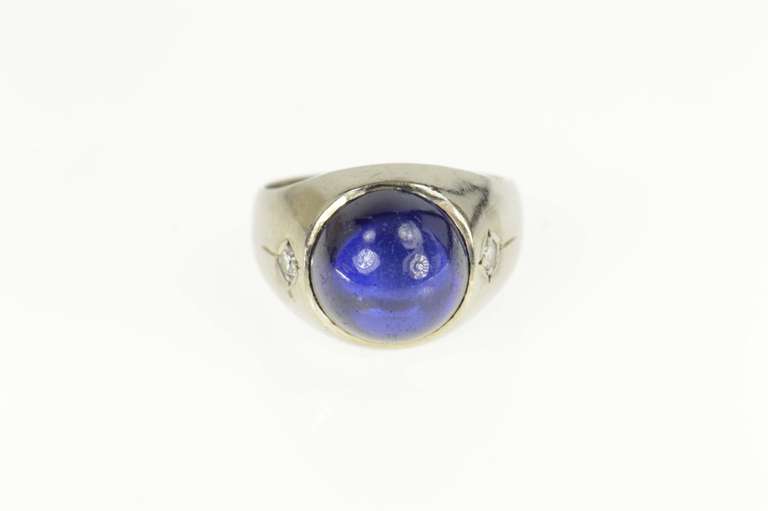 14K White Gold Retro Syn. Sapphire Diamond Accent Statement Ring
