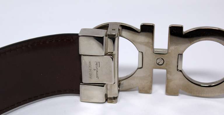 Salvatore Ferragamo Silver Buckle & Hickory Brown Calfskin Leather Belt