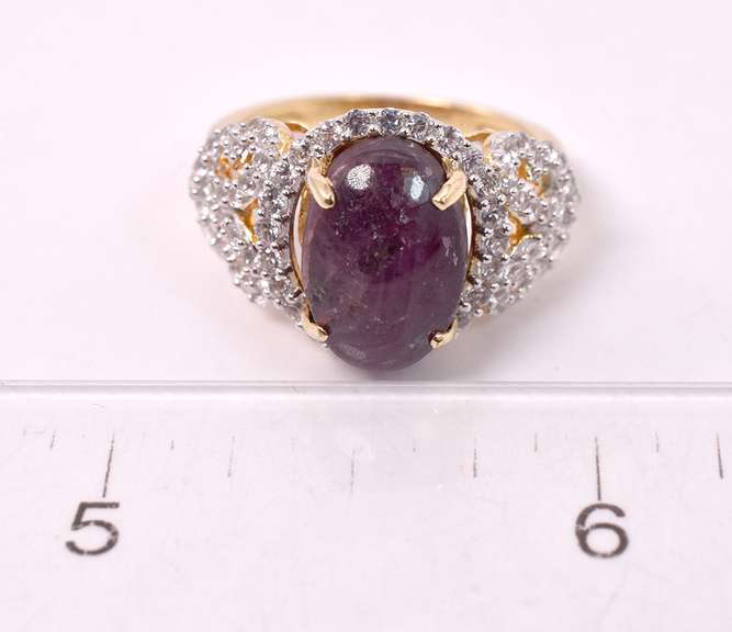 Sparkling 9.23CTS Cabochon-Cut Star Ruby and 1.07CTW White Sapphire Ring in Gold Plated Sterling Silver