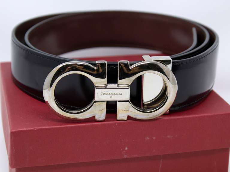 Salvatore Ferragamo Silver Buckle & Hickory Brown Calfskin Leather Belt