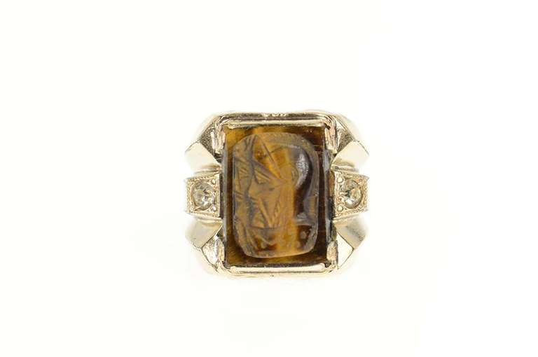 Gold Filled Retro Carved Tiger's Eye Soldier Cameo CZ Ring