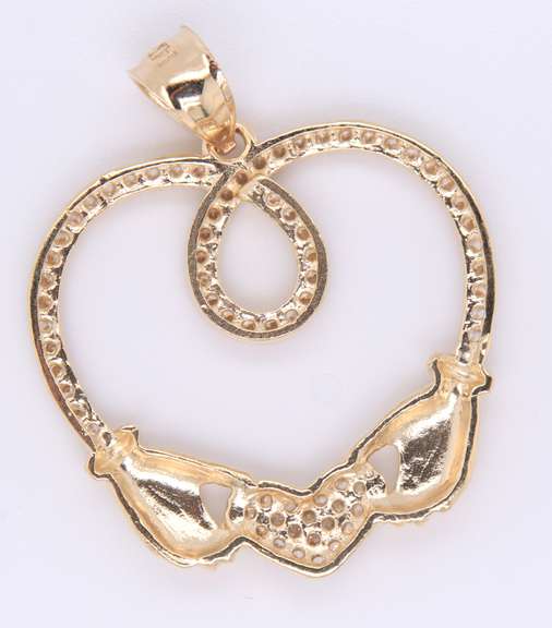 Fabulous Yellow Gold Claddagh Cubic Zirconia Heart Shaped Pendant
