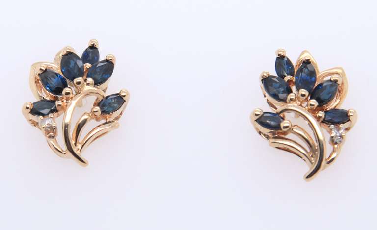 Elegant Yellow Gold Sapphire and Diamond Flower Earrings