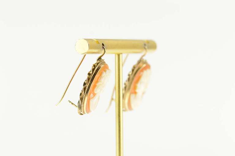 14K Yellow Gold Ornate Carved Shell Cameo Dangle Hook Earrings