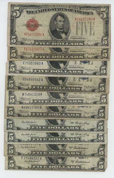 9 Assorted Old $5 Silver Certs & Notes: 1928, 1934, & 1953