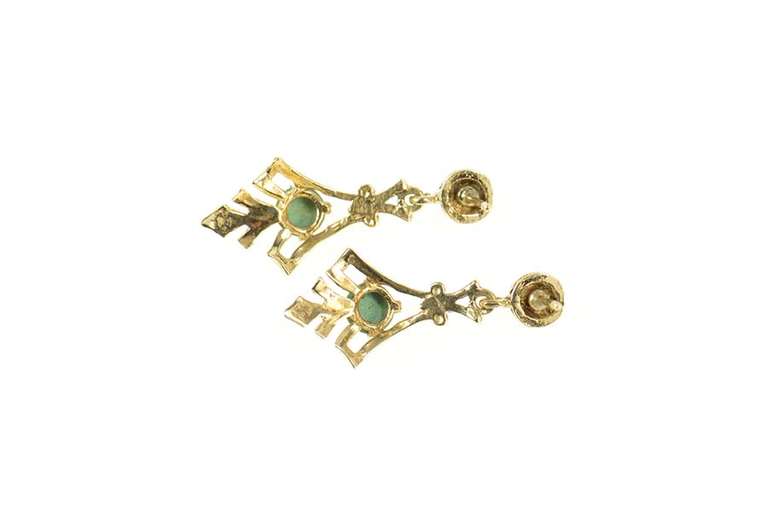 14K Yellow Gold Ornate Turquoise Ornamental Dangle Earrings