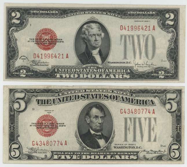 Real nice 1928-F $2 & 1928-C $5 Red Seal Notes. Choice