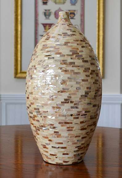Vintage (1970's) 16.5 Inch Tall Mother of Pearl Inlay Mosaic Cambered Ceramic Bud Vase, Coastal Décor