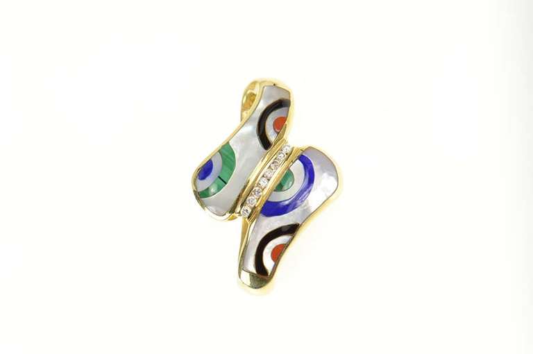 14K Yellow Gold Geometric Stone Inlay Diamond Bypass Slide Pendant