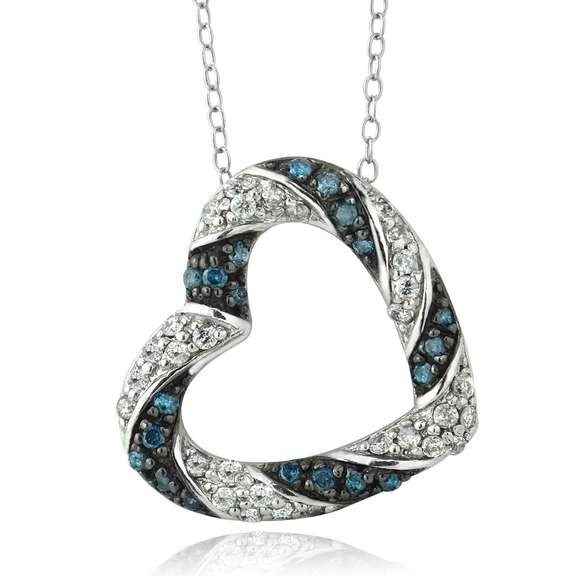 Sterling Silver 1/2 Ct Blue & White Diamond Open Heart Necklace