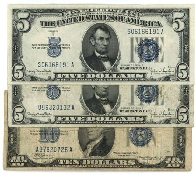 2 1934-D $5 & 1934-A $10 Silver Certificate notes