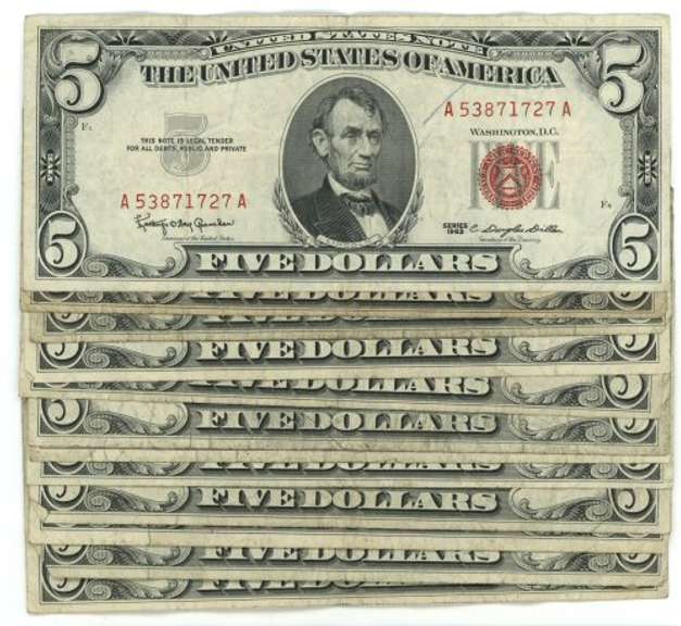 Lot of 12 Series of 1963 $5 Red Seal Notes