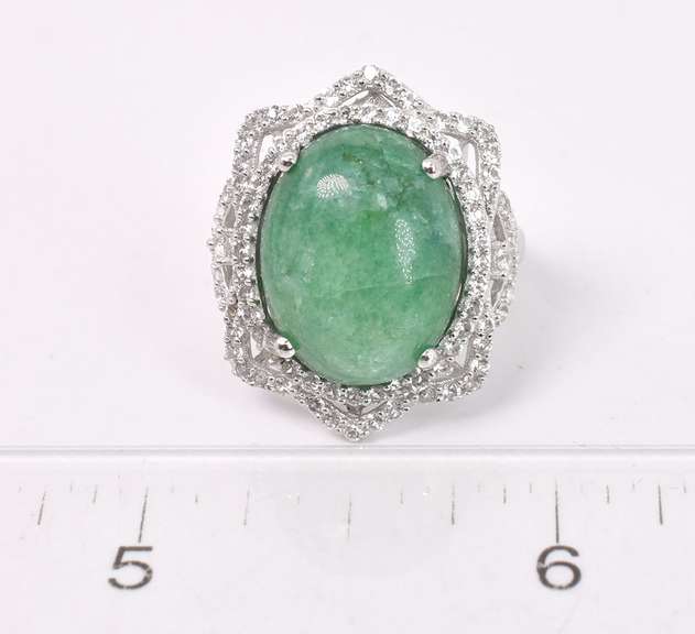 Dazzling 10.19CTS Cabochon-Cut Natural Emerald & 3.27CTW White Topaz Ring in Sterling Silver