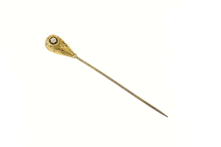10K Yellow Gold Victorian Diamond Ornate Scroll Classic Stick Pin
