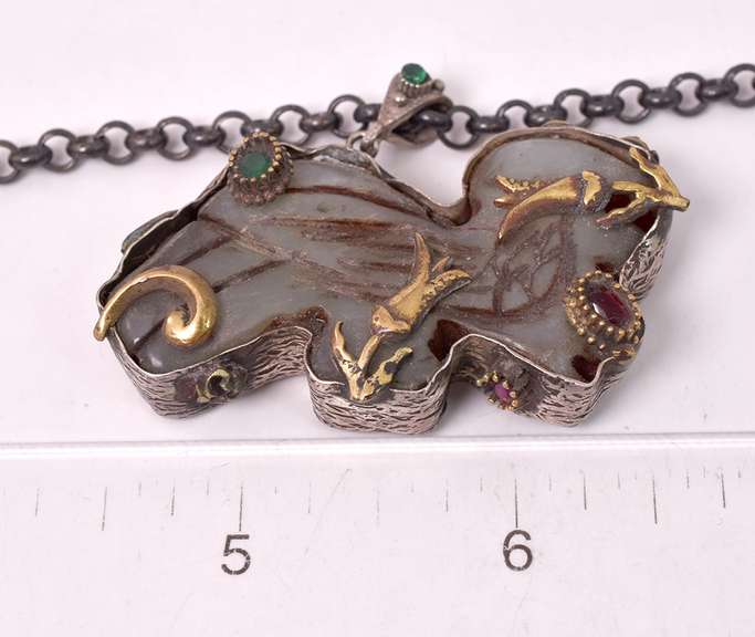 Vintage Embellished Jade Bird Pendant Necklace in Sterling Silver