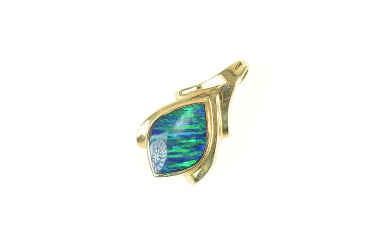 14K Yellow Gold Syn. Black Opal Inlay Ornate Statement Pendant