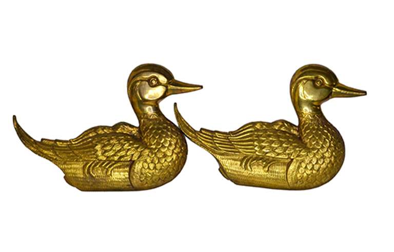 Two 3D Solid Brass Swimming Duck Wall Decorative Plaques With Texture
