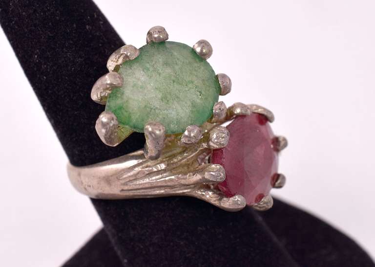 Elegant Vintage Ruby and Emerald Ring in Sterling Silver