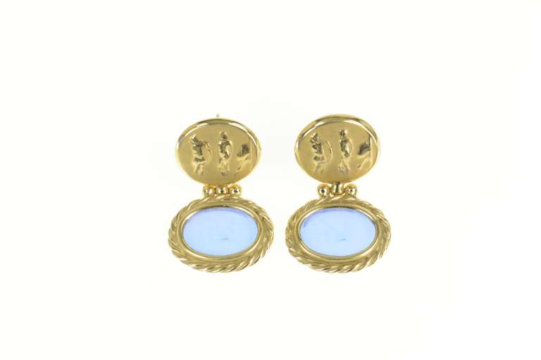 14K Yellow Gold Blue Glass Horse Rider Door Knocker Dangle Earrings