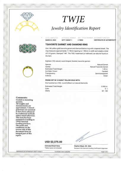 Radiant 1.50ct Tsavorite and Diamond Ring in 14K