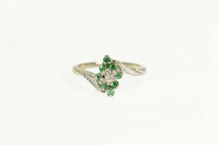 14K White Gold Marquise Emerald Diamond Bypass Statement Ring