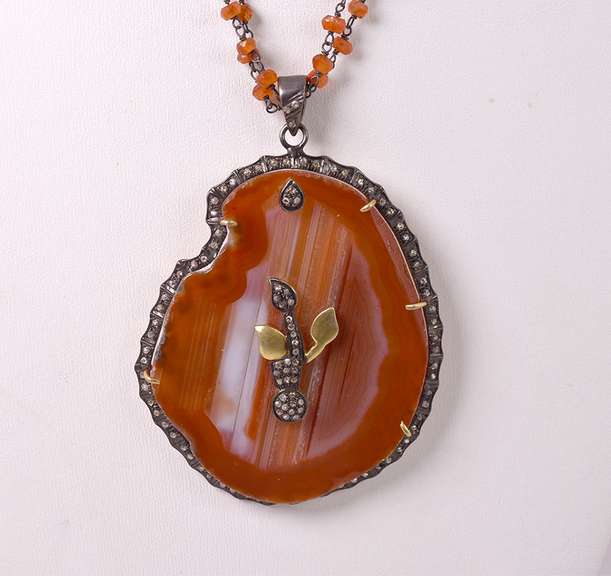 Beautiful Agate and Diamond Pendant with Carnelian Necklace in Rhodium & Gold Plated Sterling Silver