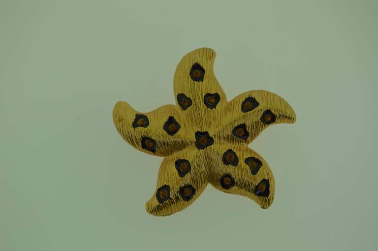 Gold Tone Star Fish With Yellow Stone Brooch