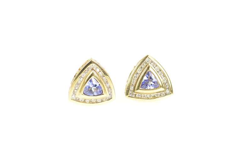 14K Yellow Gold Trillion Tanzanite Diamond Halo Stud Earrings