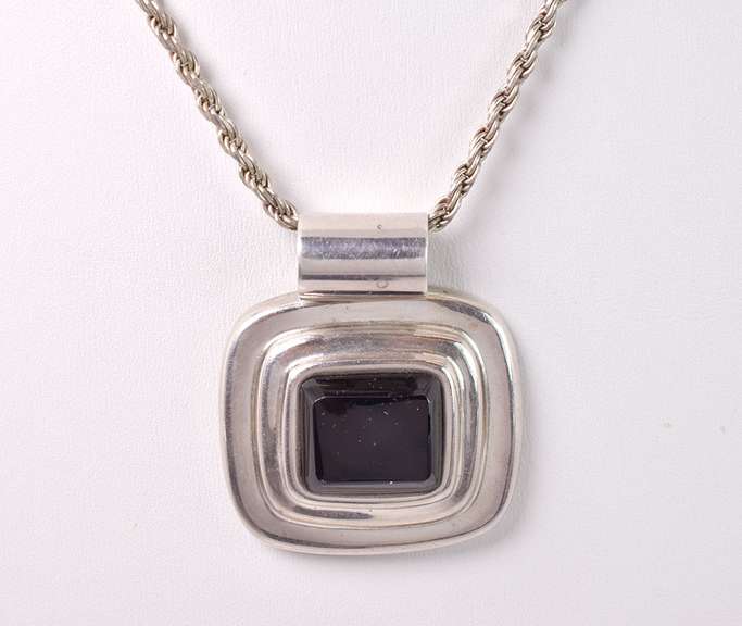 Large Onyx Pendant Necklace in Sterling Silver