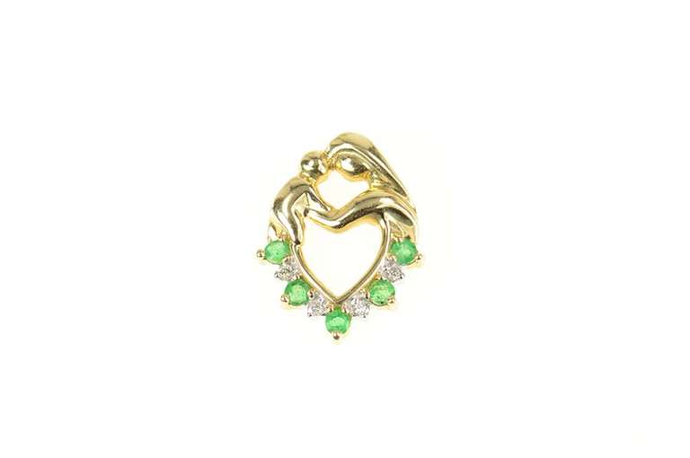 14K Yellow Gold Emerald Diamond Heart Mother Child Pendant